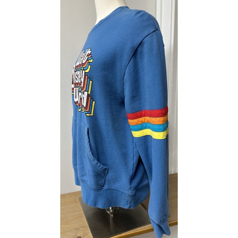 Walt Disney World Retro Blue Crewneck Rainbow Sweatshirt front pockets SIZE Med - Picture 2 of 8